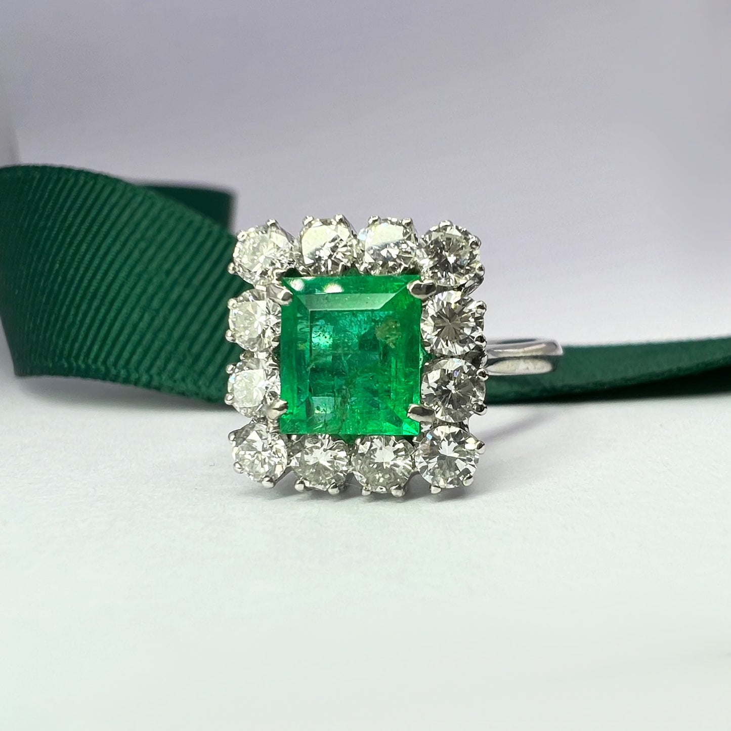 1.46 Ct Emerald and Diamond Square Cut Cluster Ring