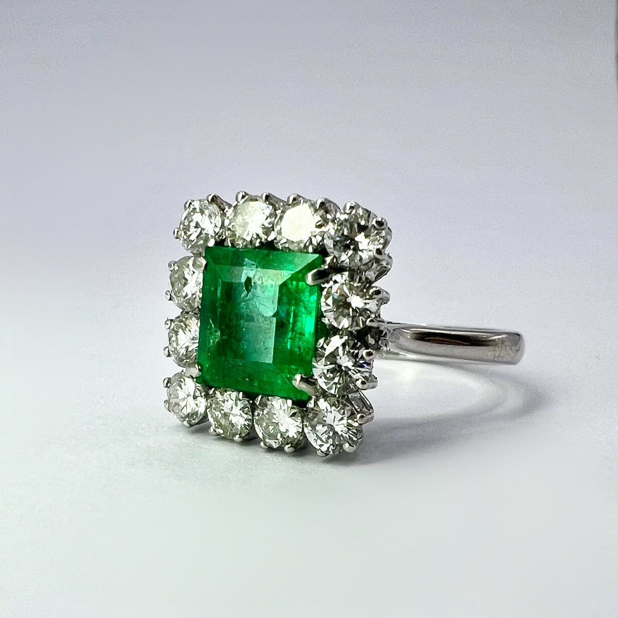 1.46 Ct Emerald and Diamond Square Cut Cluster Ring