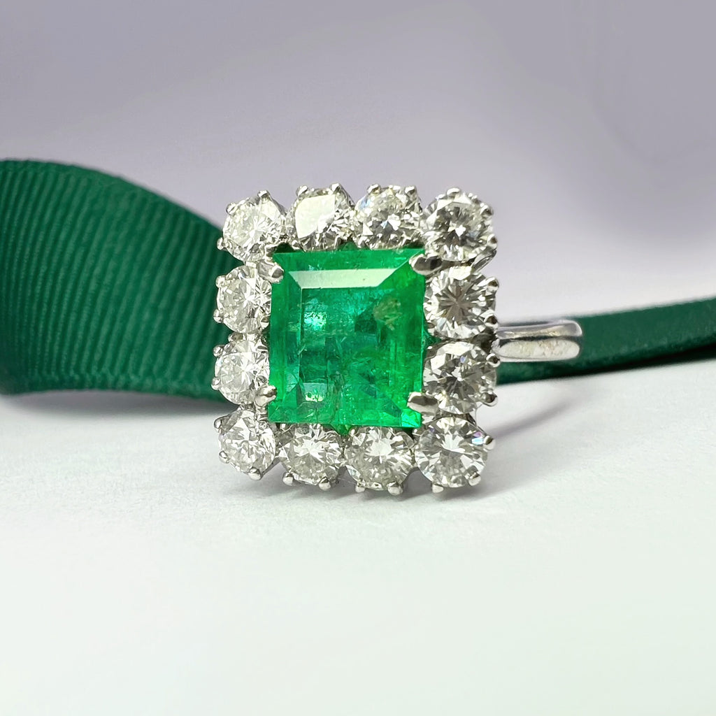 Emerald & Diamond Cluster Ring | 1.46ct Square-Cut Emerald in 18ct White Gold