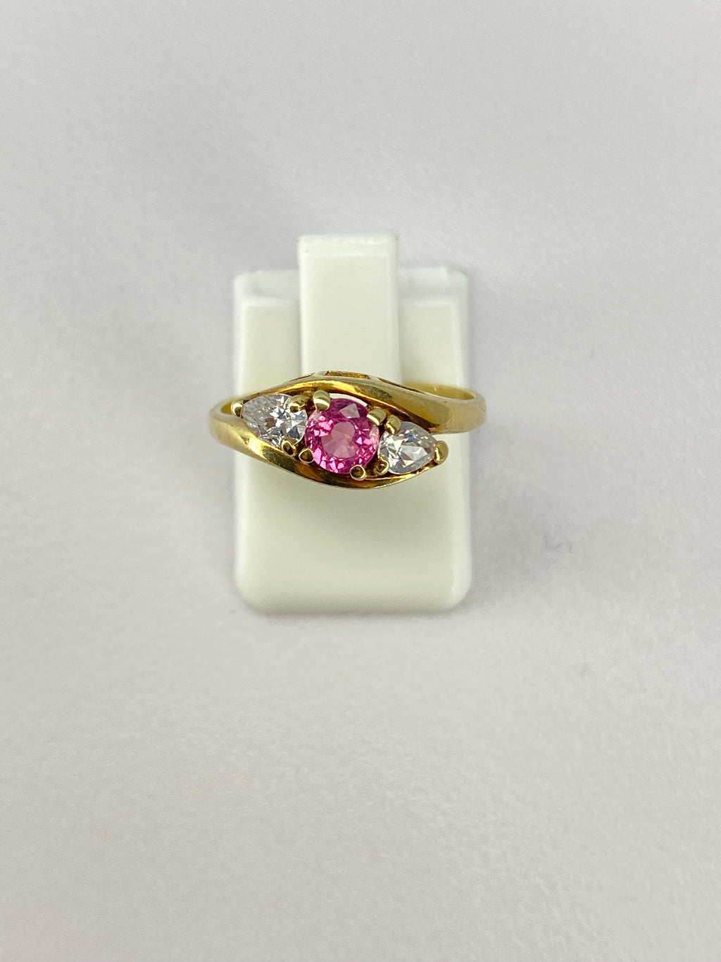 Pink Tourmaline & Diamond Three Stone Ring | 18K Yellow Gold