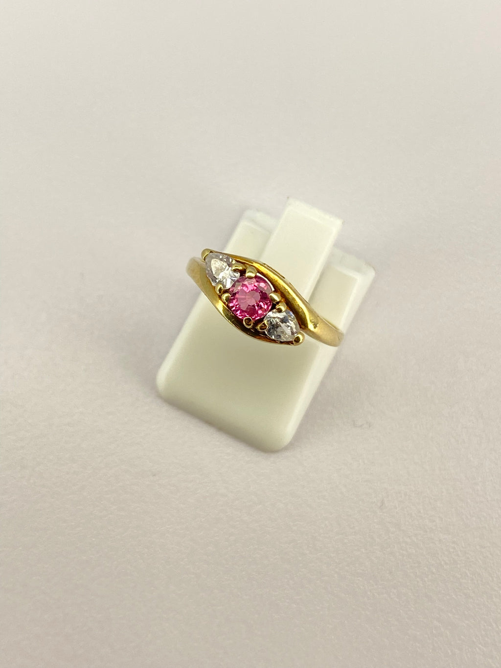 Pink Tourmaline & Diamond Three Stone Ring | 18K Yellow Gold