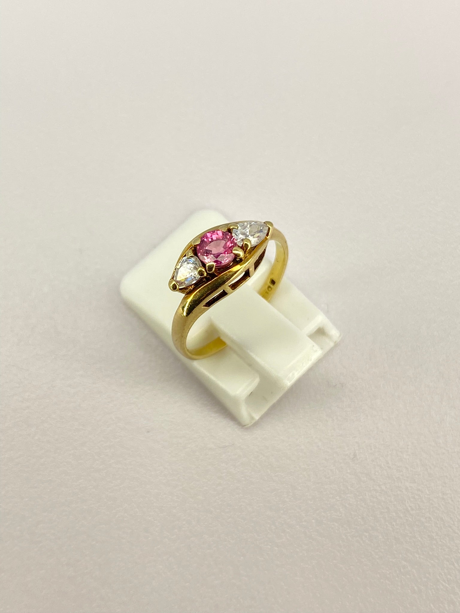 Pink Tourmaline & Diamond Three Stone Ring | 18K Yellow Gold