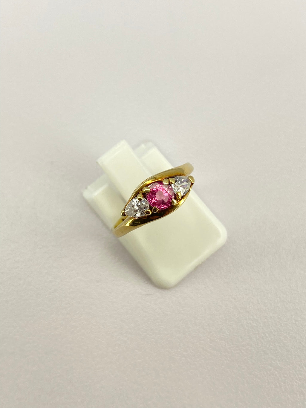 Pink Tourmaline & Diamond Three Stone Ring | 18K Yellow Gold