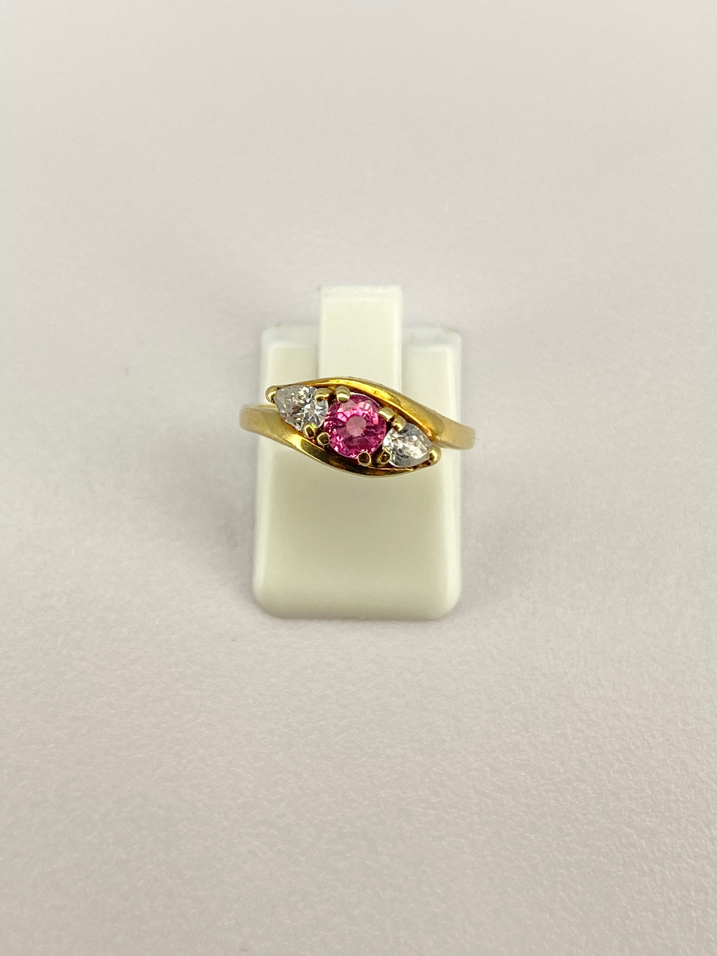 Pink Tourmaline & Diamond Three Stone Ring | 18K Yellow Gold