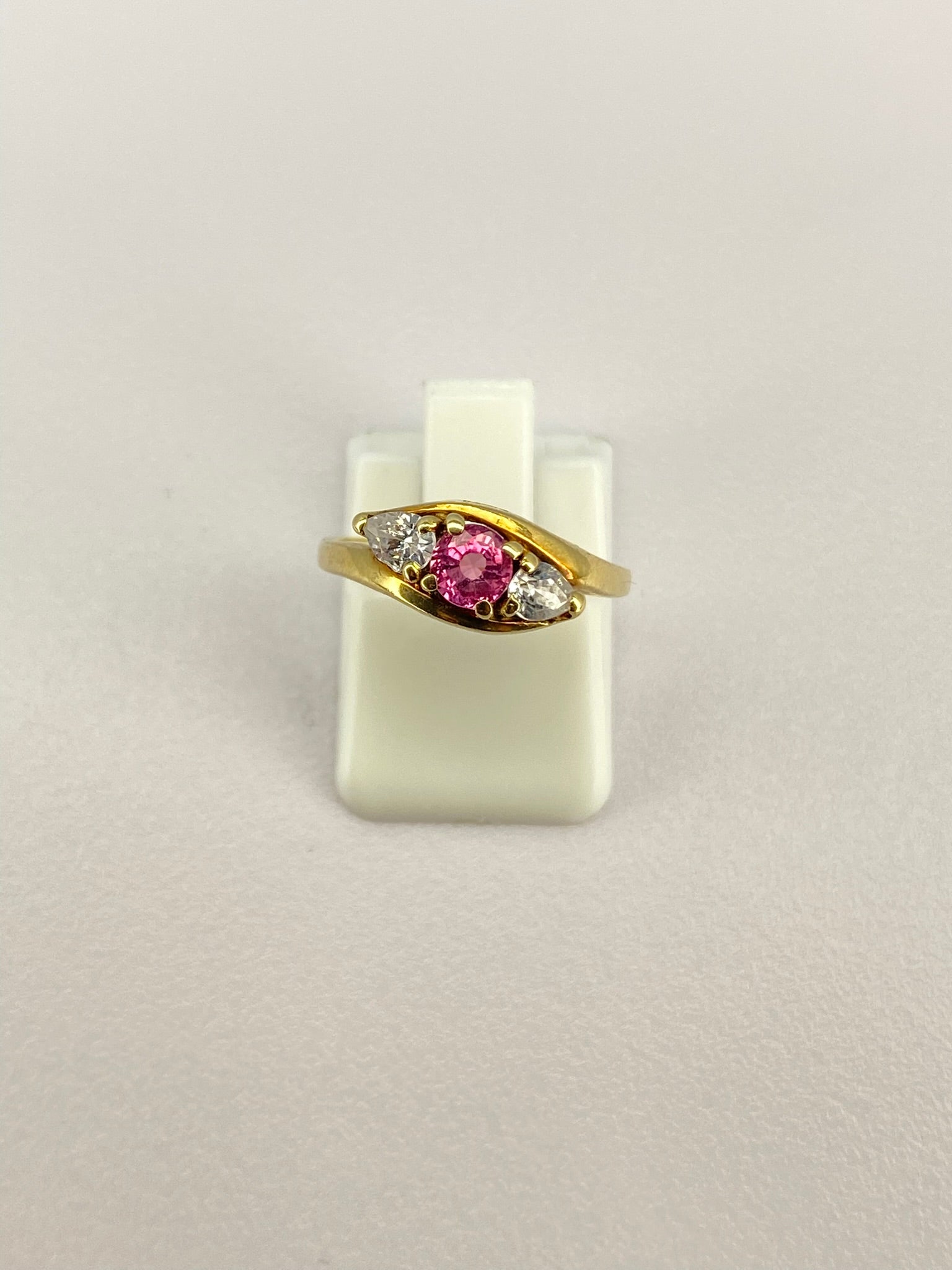Pink Tourmaline & Diamond Three Stone Ring | 18K Yellow Gold