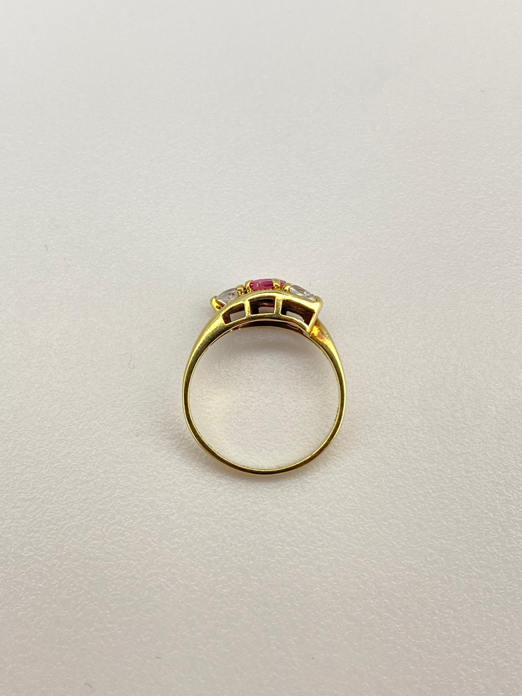 Pink Tourmaline & Diamond Three Stone Ring | 18K Yellow Gold