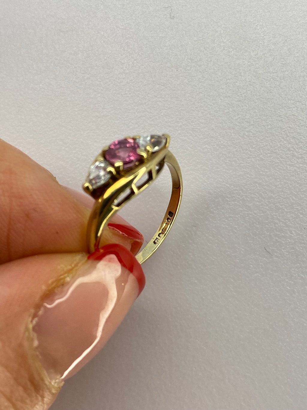 Pink Tourmaline & Diamond Three Stone Ring | 18K Yellow Gold