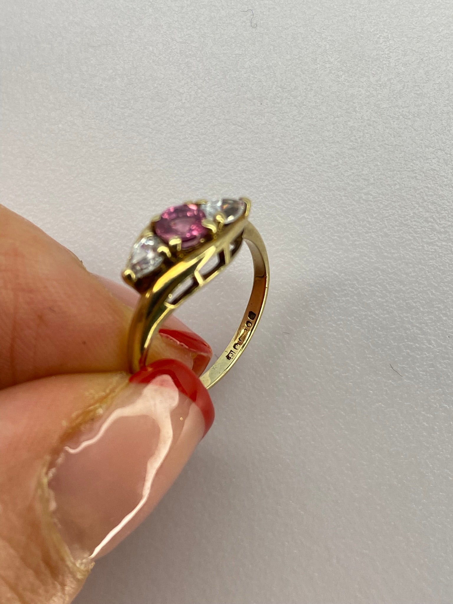 Pink Tourmaline & Diamond Three Stone Ring | 18K Yellow Gold