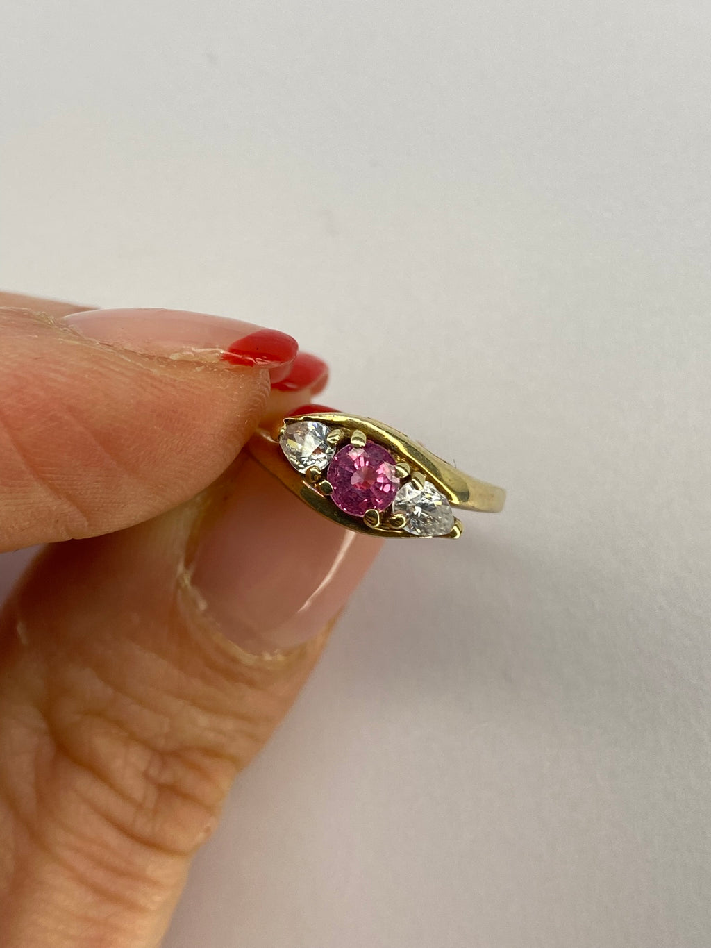 Pink Tourmaline & Diamond Three Stone Ring | 18K Yellow Gold