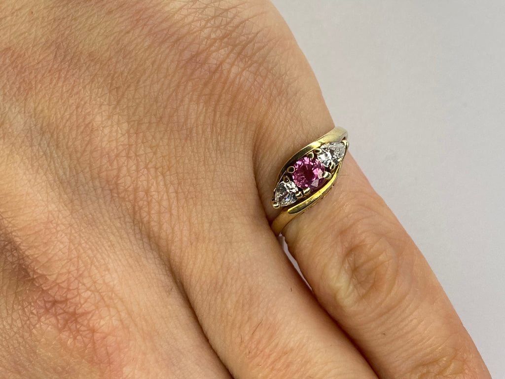 Pink Tourmaline & Diamond Three Stone Ring | 18K Yellow Gold