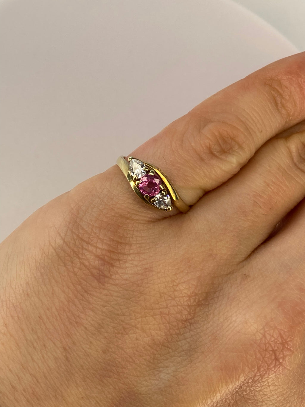 Pink Tourmaline & Diamond Three Stone Ring | 18K Yellow Gold
