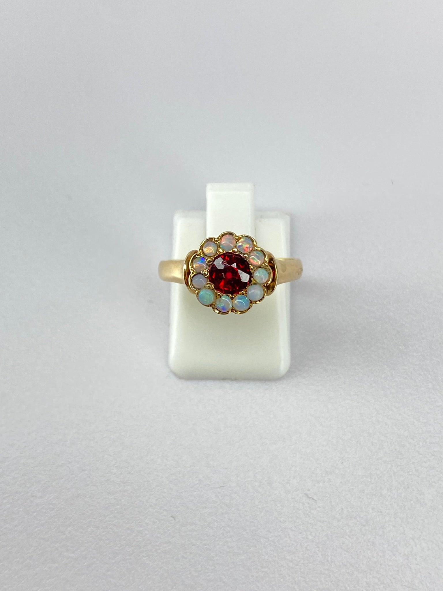Ruby & Opal Flower Cluster Ring – 9K Yellow Gold