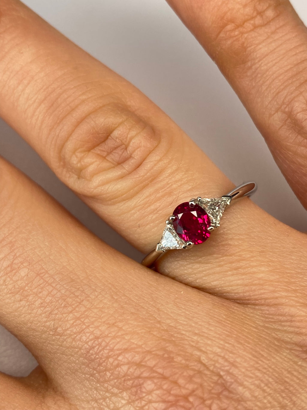 Burma Ruby & Diamond Three Stone Ring Platinum 0.84ct No Heat Certified