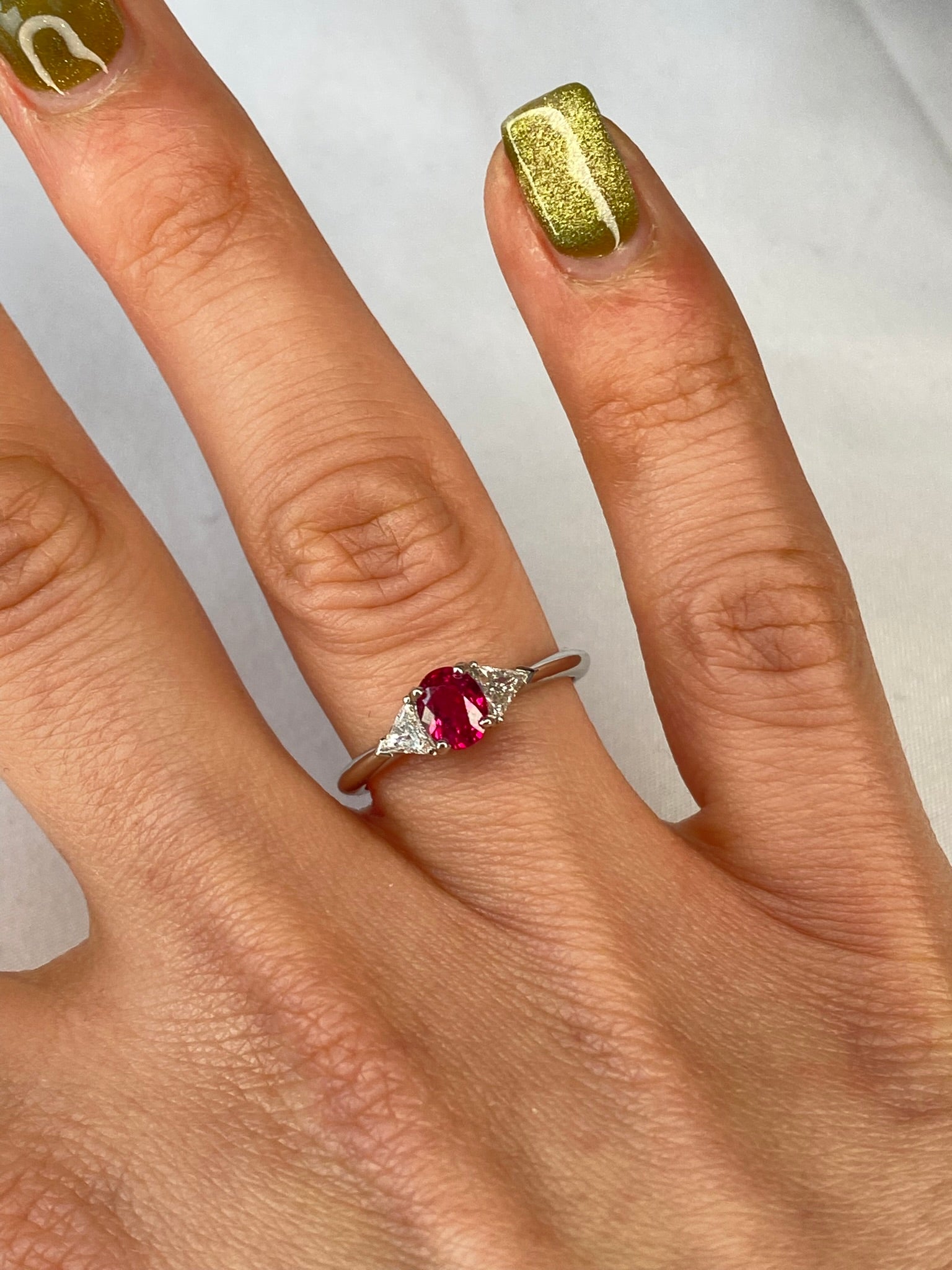 Burma Ruby & Diamond Three Stone Ring Platinum 0.84ct No Heat Certified