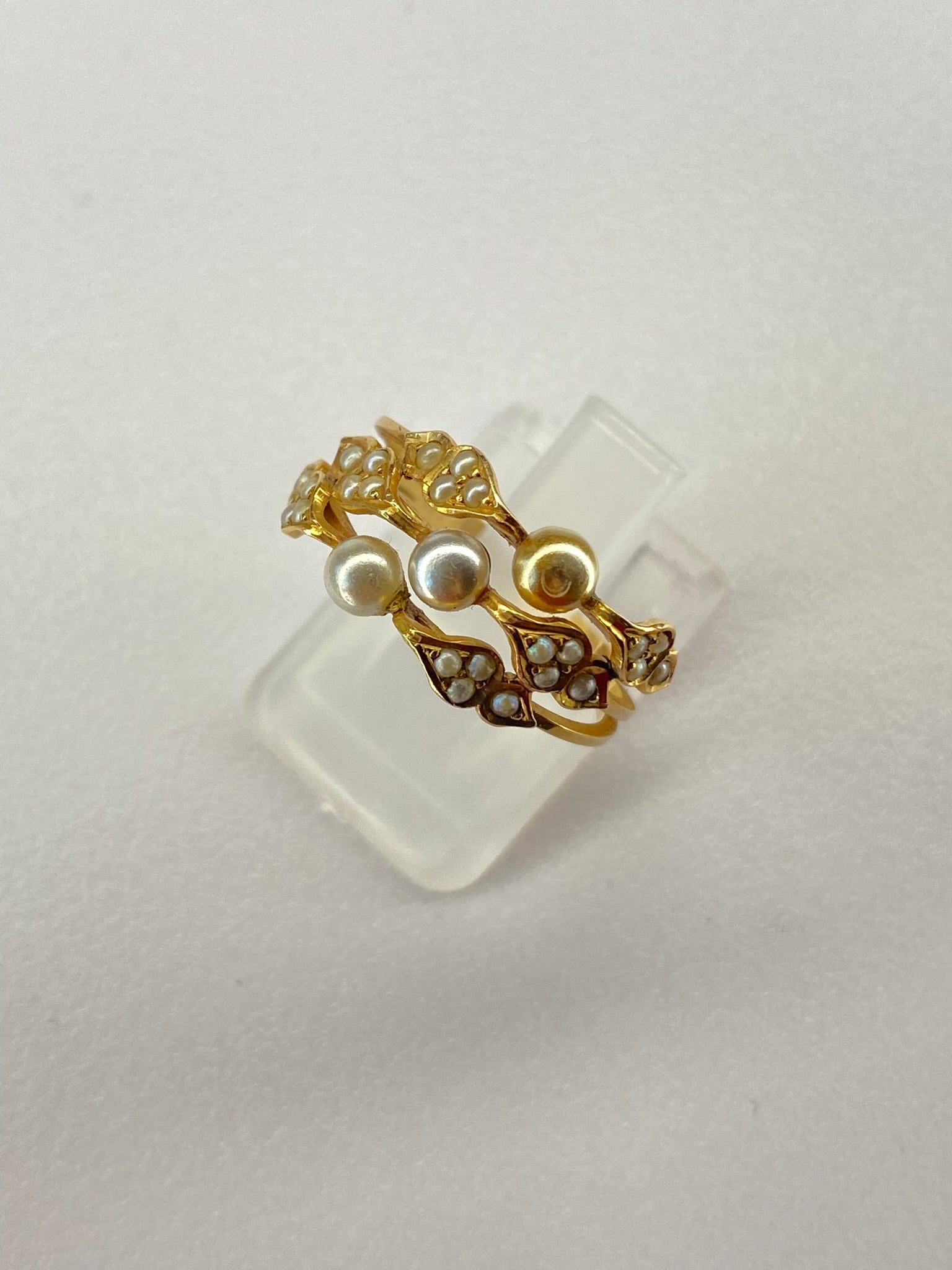 Share Natural Seed Pearl Ring Openwork Foliate Design Size N 2.94g 18K Gold Tested