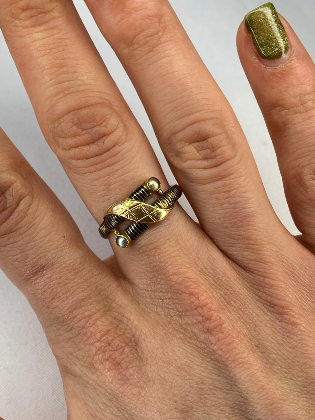 Antique Seed Pearl Ring 9K Yellow Gold Crossover Design Vintage Ring