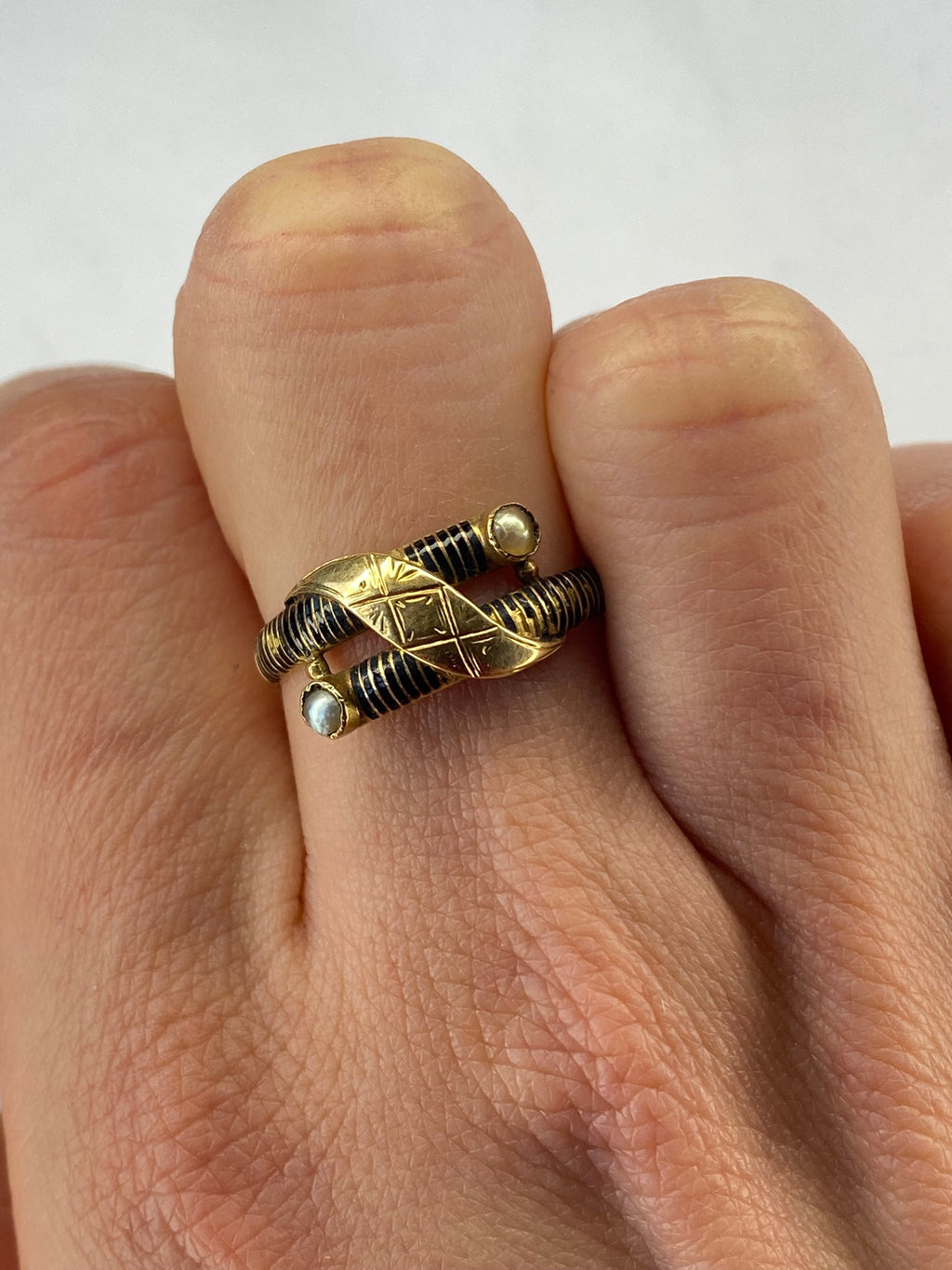 Antique Seed Pearl Ring 9K Yellow Gold Crossover Design Vintage Ring