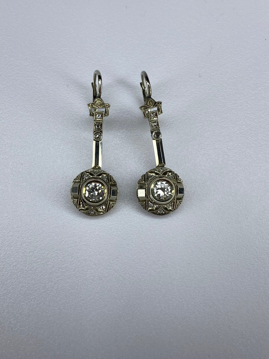 Vintage Diamond Drop Earrings Approx. 1.00ct Total Diamond 18ct White Gold Lever