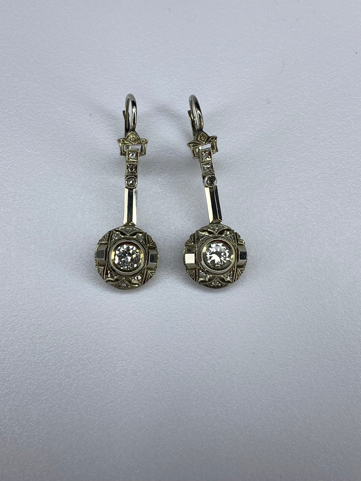 Vintage Diamond Drop Earrings Approx. 1.00ct Total Diamond 18ct White Gold Lever