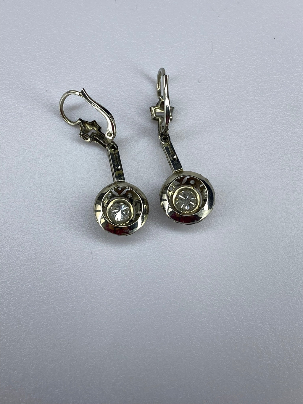 Vintage Diamond Drop Earrings Approx. 1.00ct Total Diamond 18ct White Gold Lever