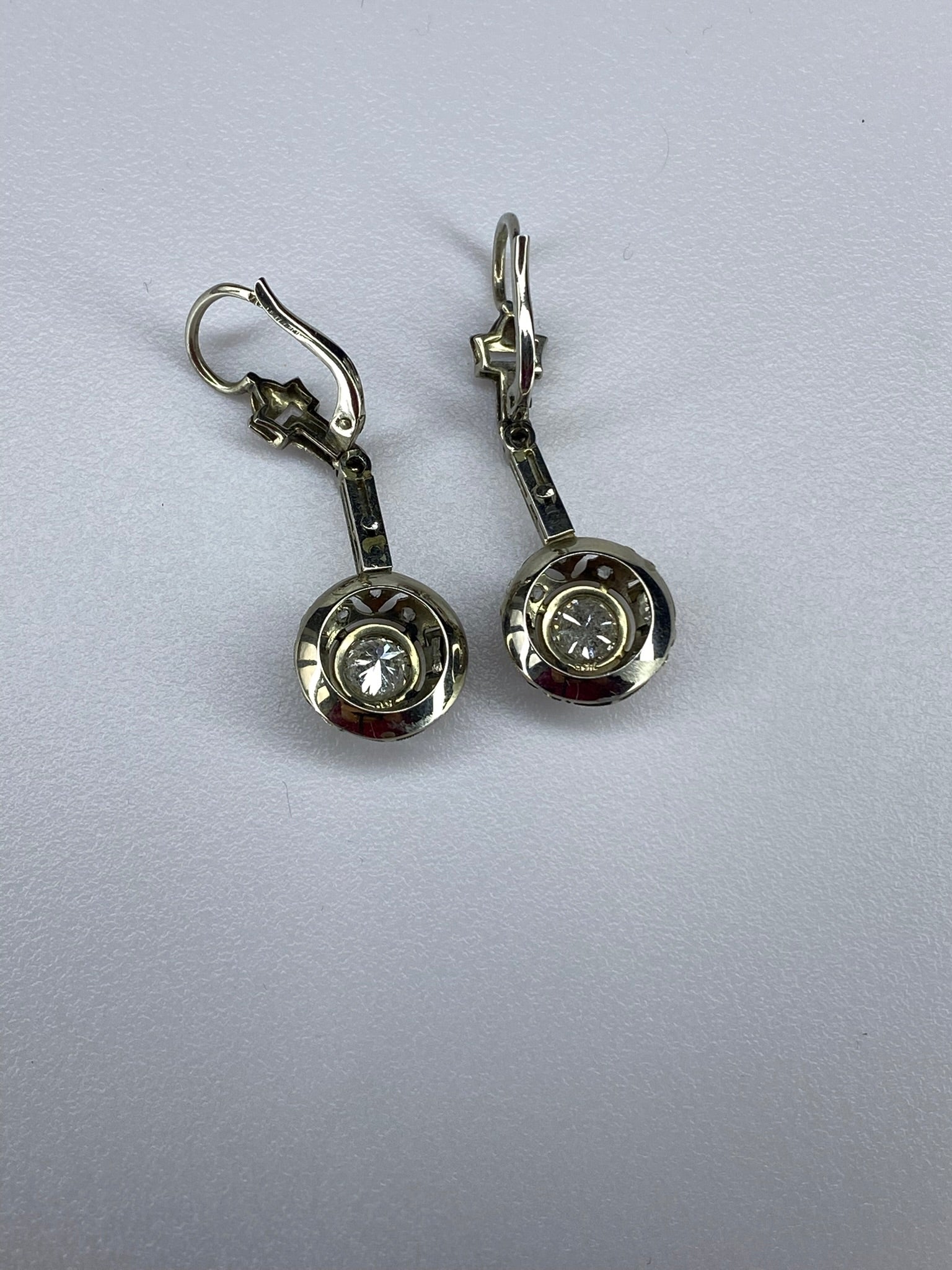 Vintage Diamond Drop Earrings Approx. 1.00ct Total Diamond 18ct White Gold Lever