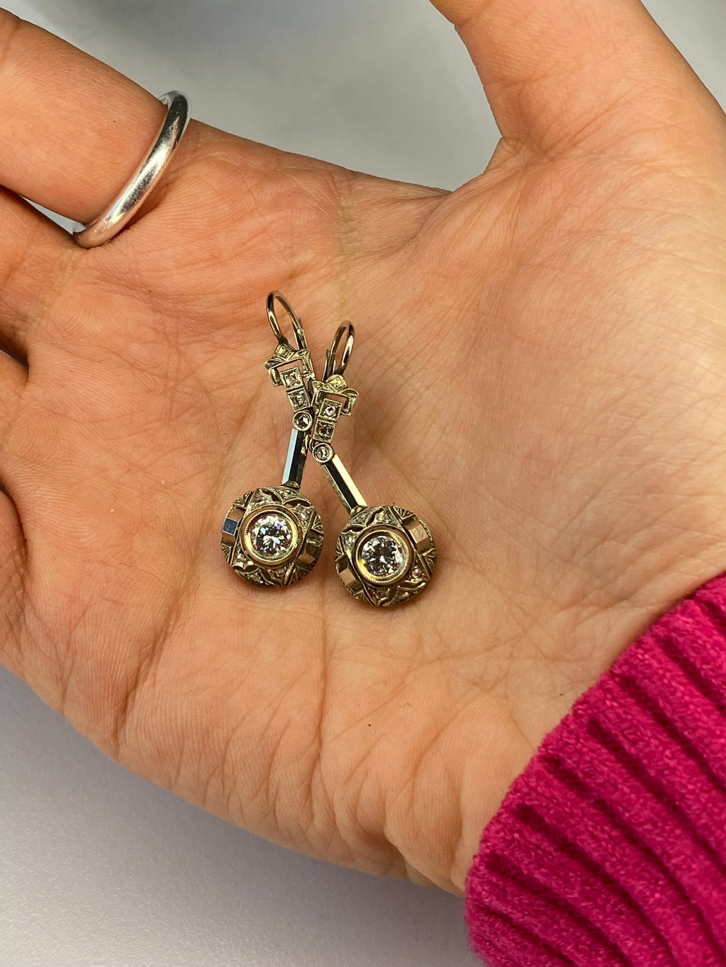 Vintage Diamond Drop Earrings Approx. 1.00ct Total Diamond 18ct White Gold Lever