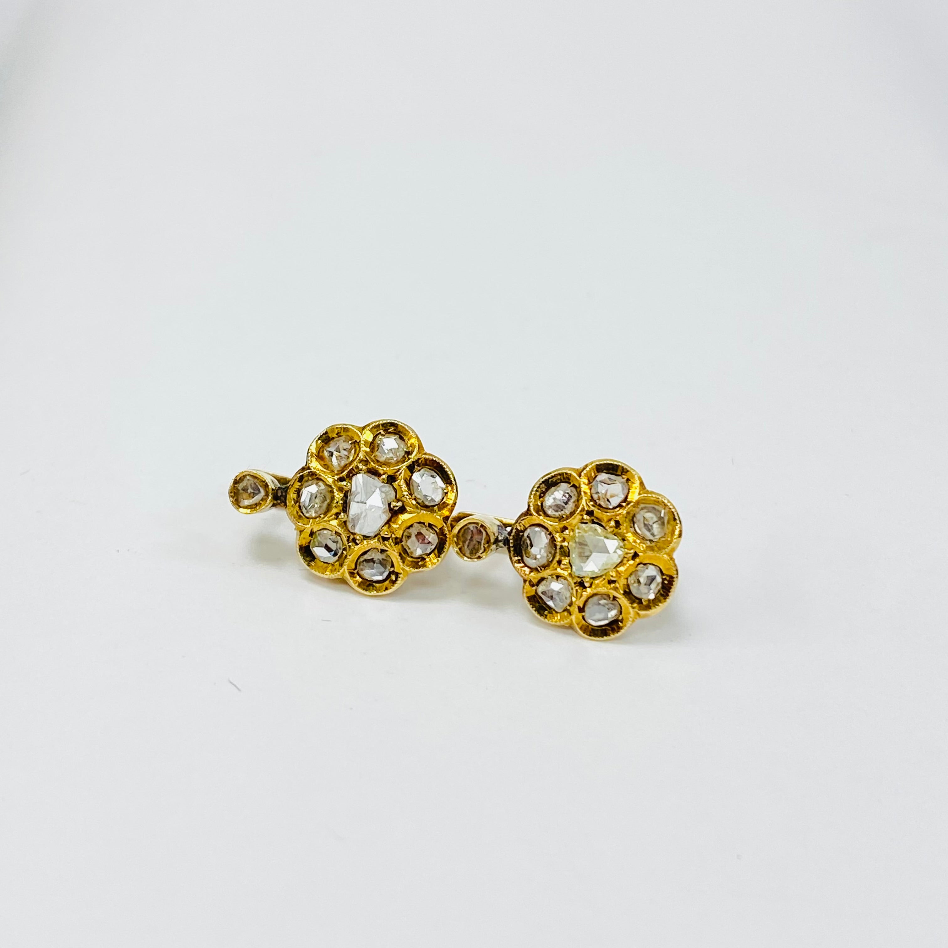 Rose Cut Diamond Flower Earrings | 9K Yellow Gold Antique Style