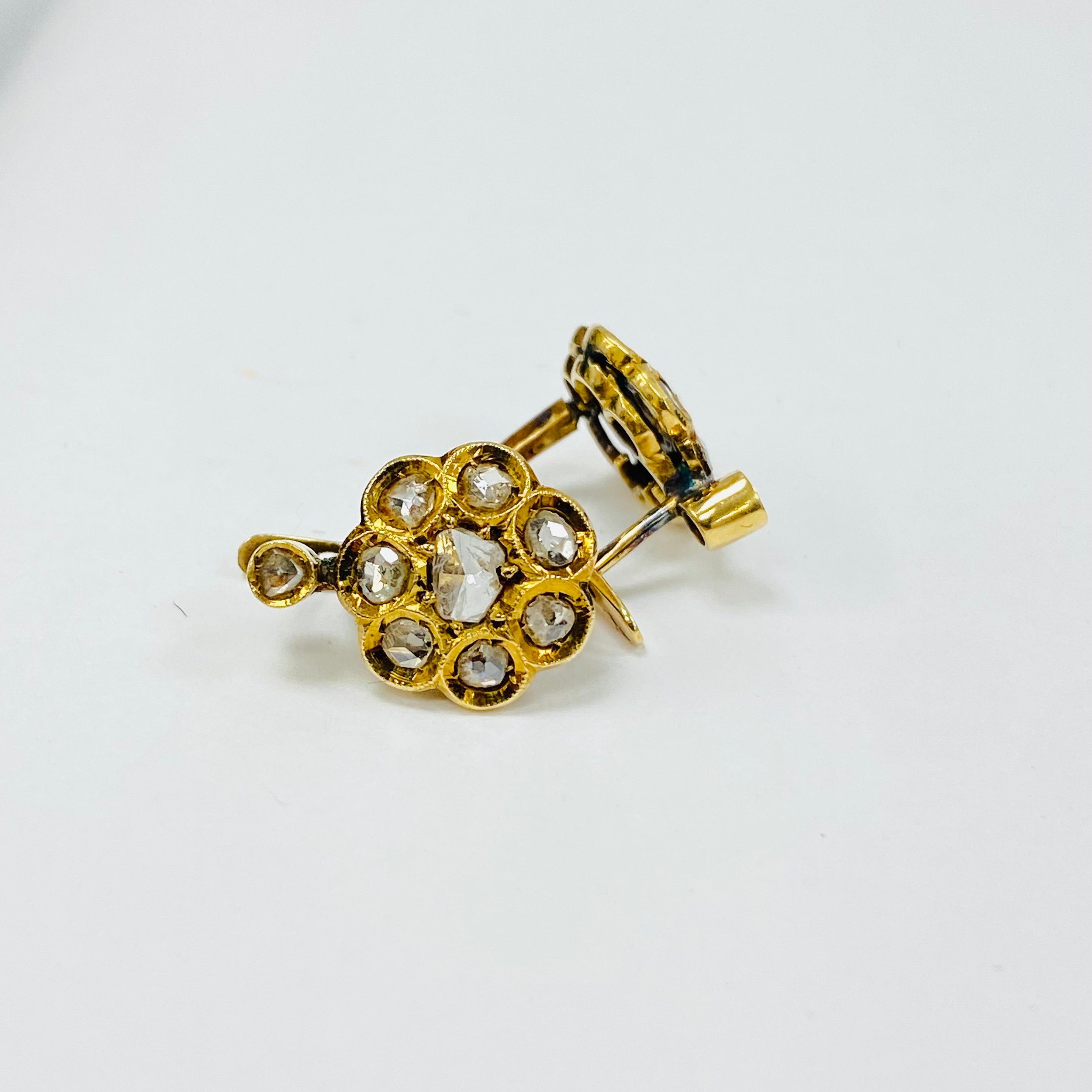 Rose Cut Diamond Flower Earrings | 9K Yellow Gold Antique Style