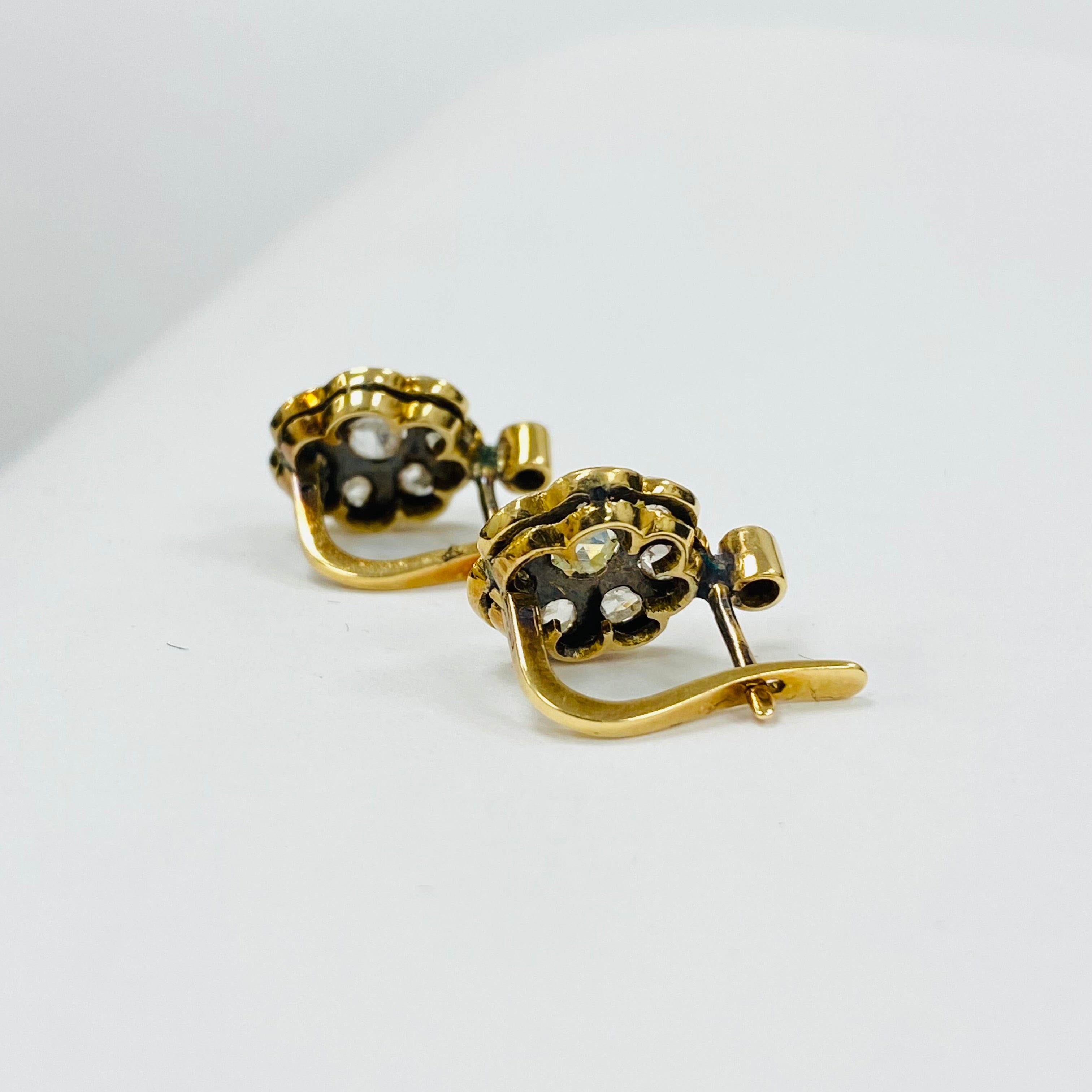 Rose Cut Diamond Flower Earrings | 9K Yellow Gold Antique Style