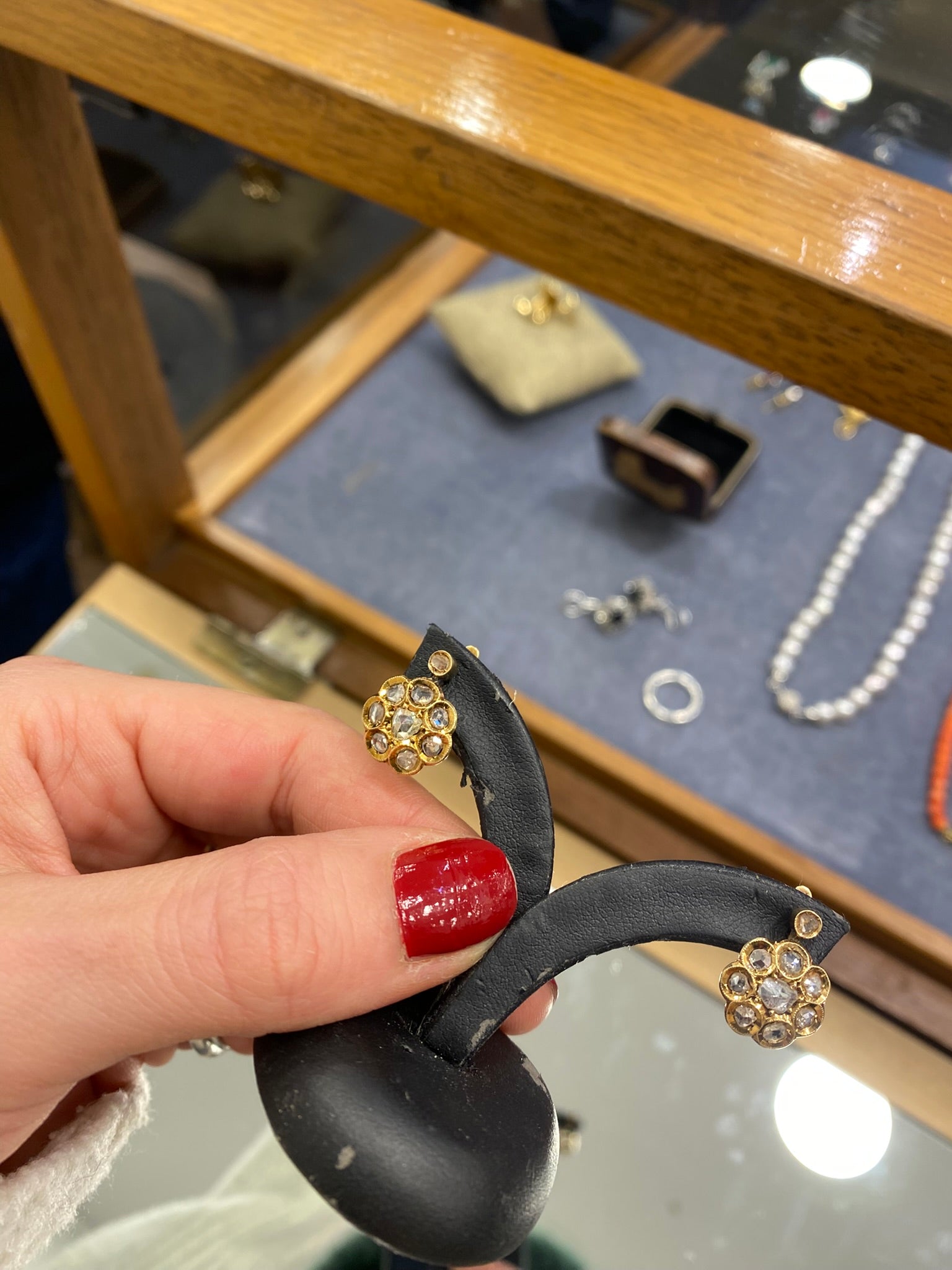 Rose Cut Diamond Flower Earrings | 9K Yellow Gold Antique Style