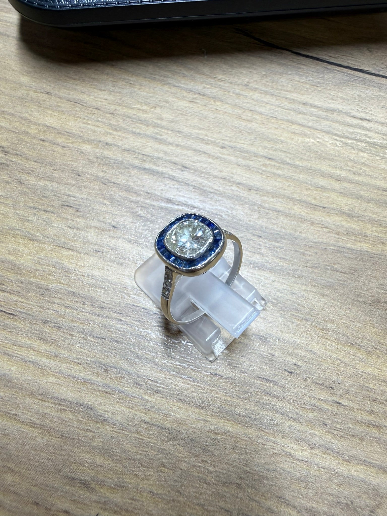 Antique 1.32ct Old Cushion Cut Diamond Sapphire Platinum Engagement Ring