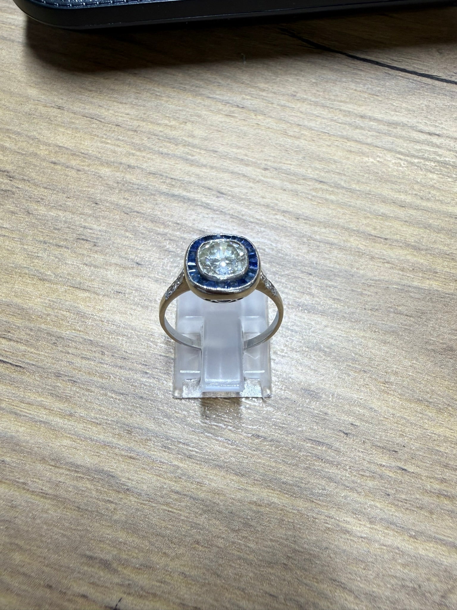 Antique 1.32ct Old Cushion Cut Diamond Sapphire Platinum Engagement Ring