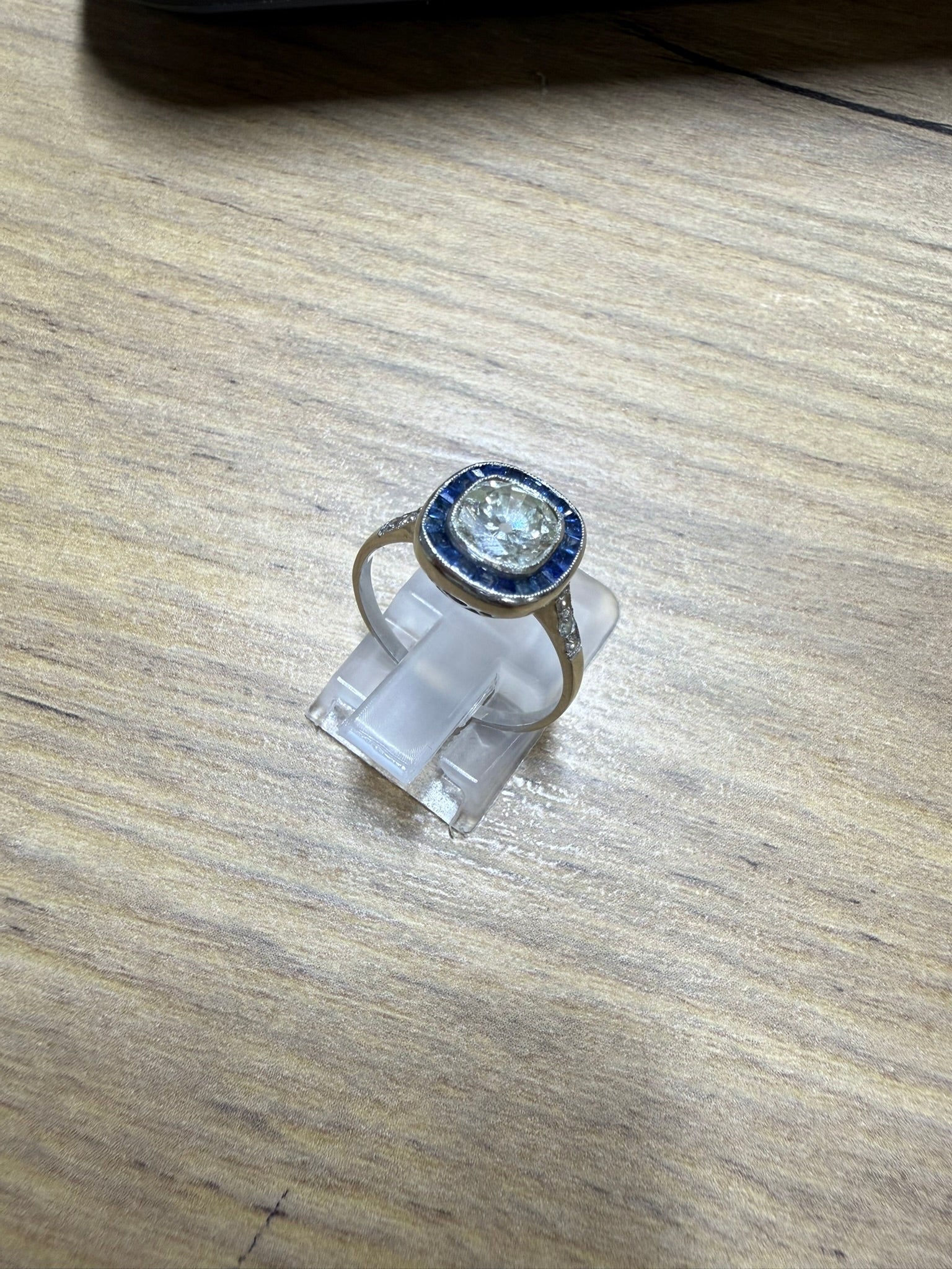 Antique 1.32ct Old Cushion Cut Diamond Sapphire Platinum Engagement Ring