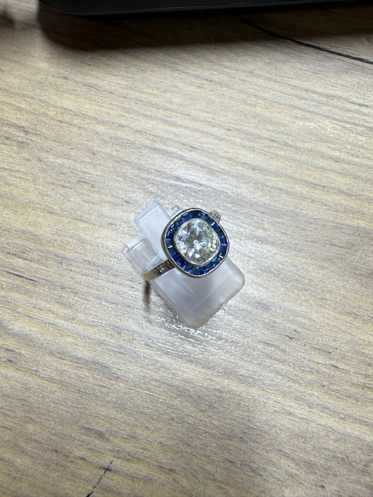 Antique 1.32ct Old Cushion Cut Diamond Sapphire Platinum Engagement Ring