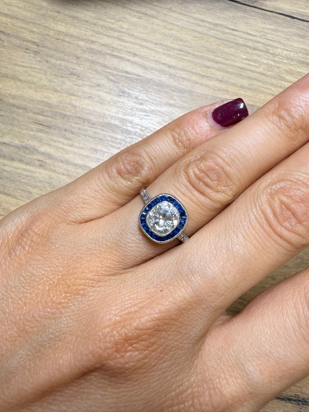 Antique 1.32ct Old Cushion Cut Diamond Sapphire Platinum Engagement Ring