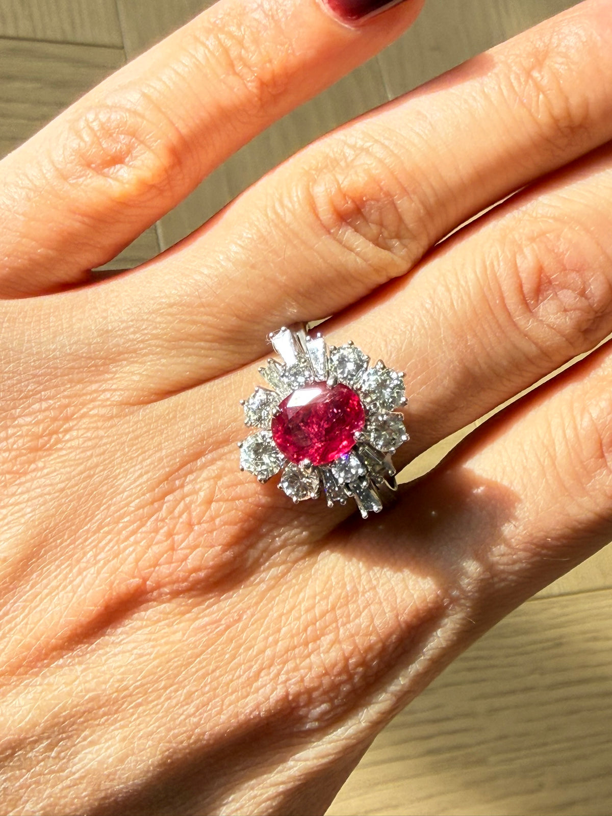 Vintage 2.84ct Ruby & 1.15ct Diamond Cluster Ring 18ct White Gold