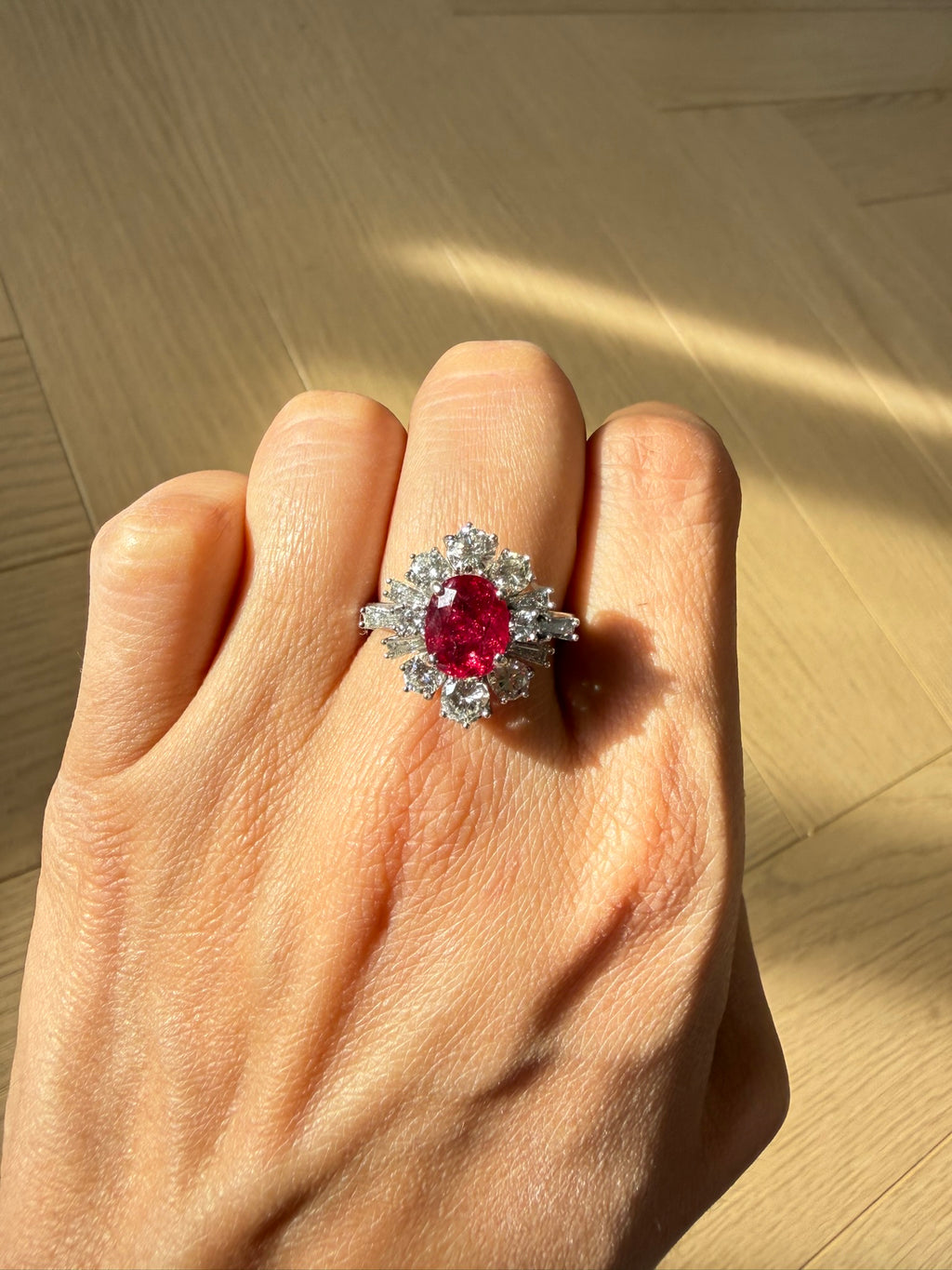 Vintage 2.84ct Ruby & 1.15ct Diamond Cluster Ring 18ct White Gold