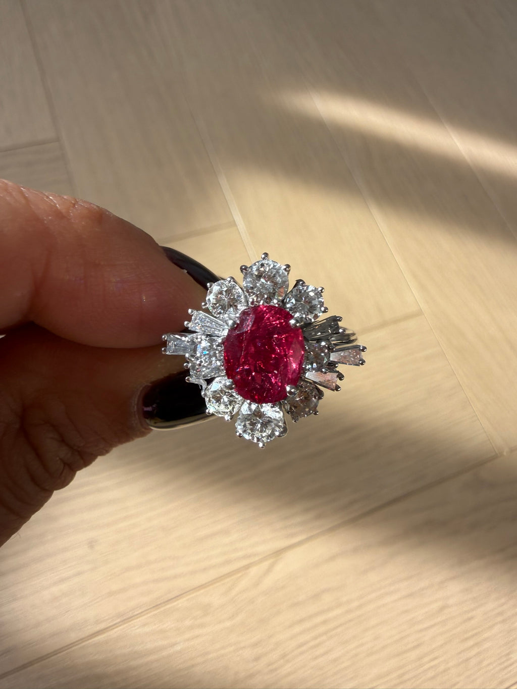 Vintage 2.84ct Ruby & 1.15ct Diamond Cluster Ring 18ct White Gold