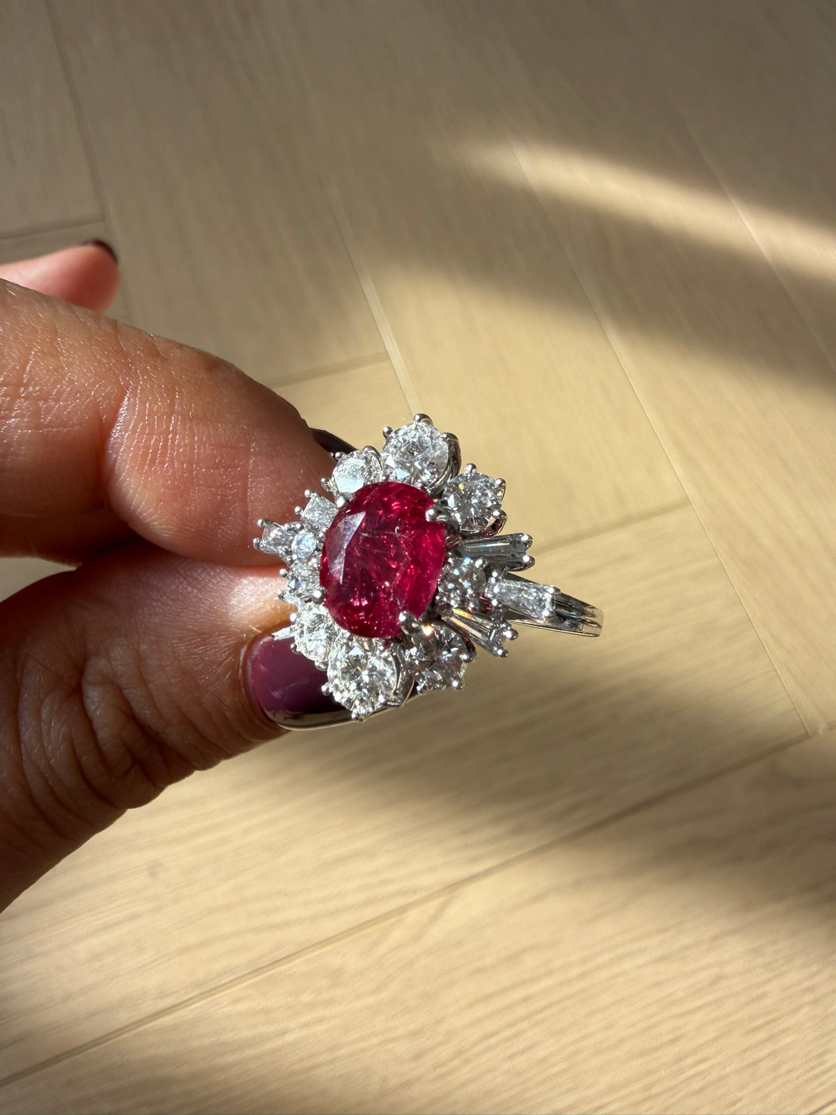 Vintage 2.84ct Ruby & 1.15ct Diamond Cluster Ring 18ct White Gold