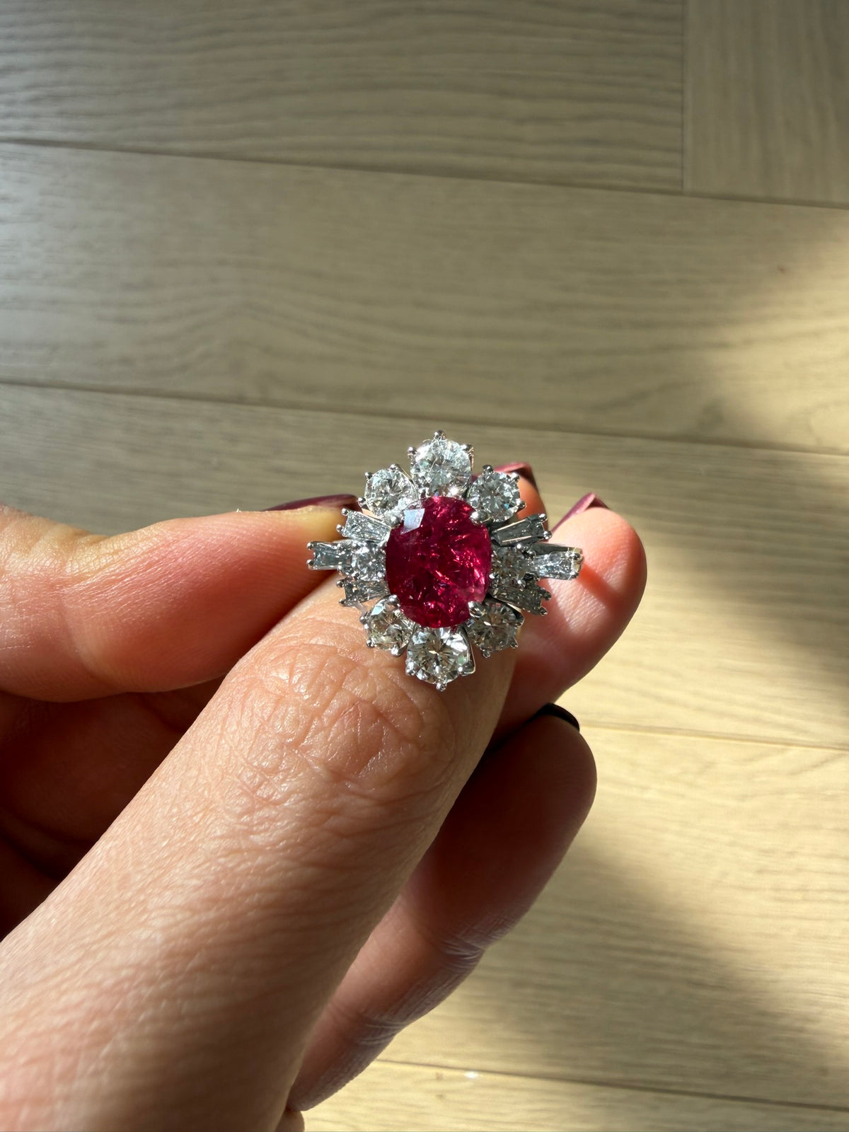 Vintage 2.84ct Ruby & 1.15ct Diamond Cluster Ring 18ct White Gold