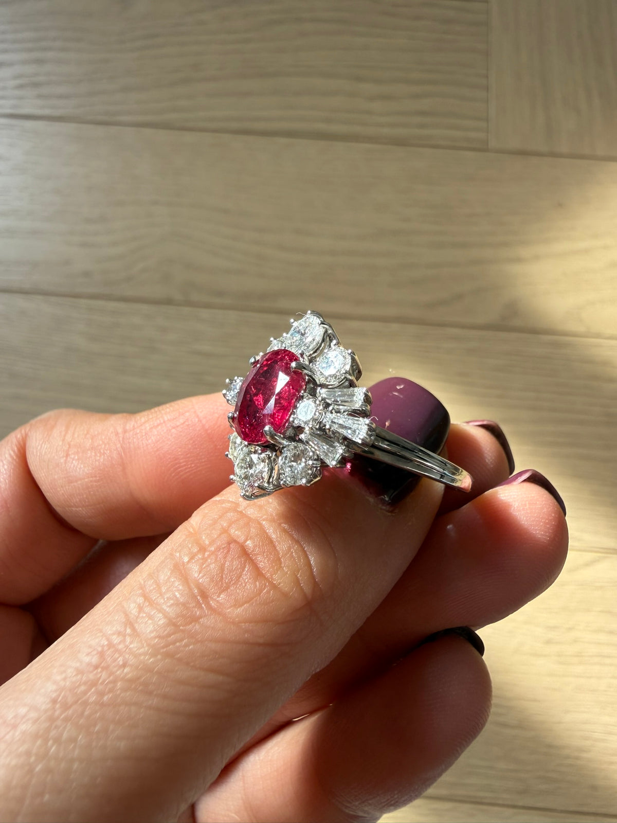 Vintage 2.84ct Ruby & 1.15ct Diamond Cluster Ring 18ct White Gold