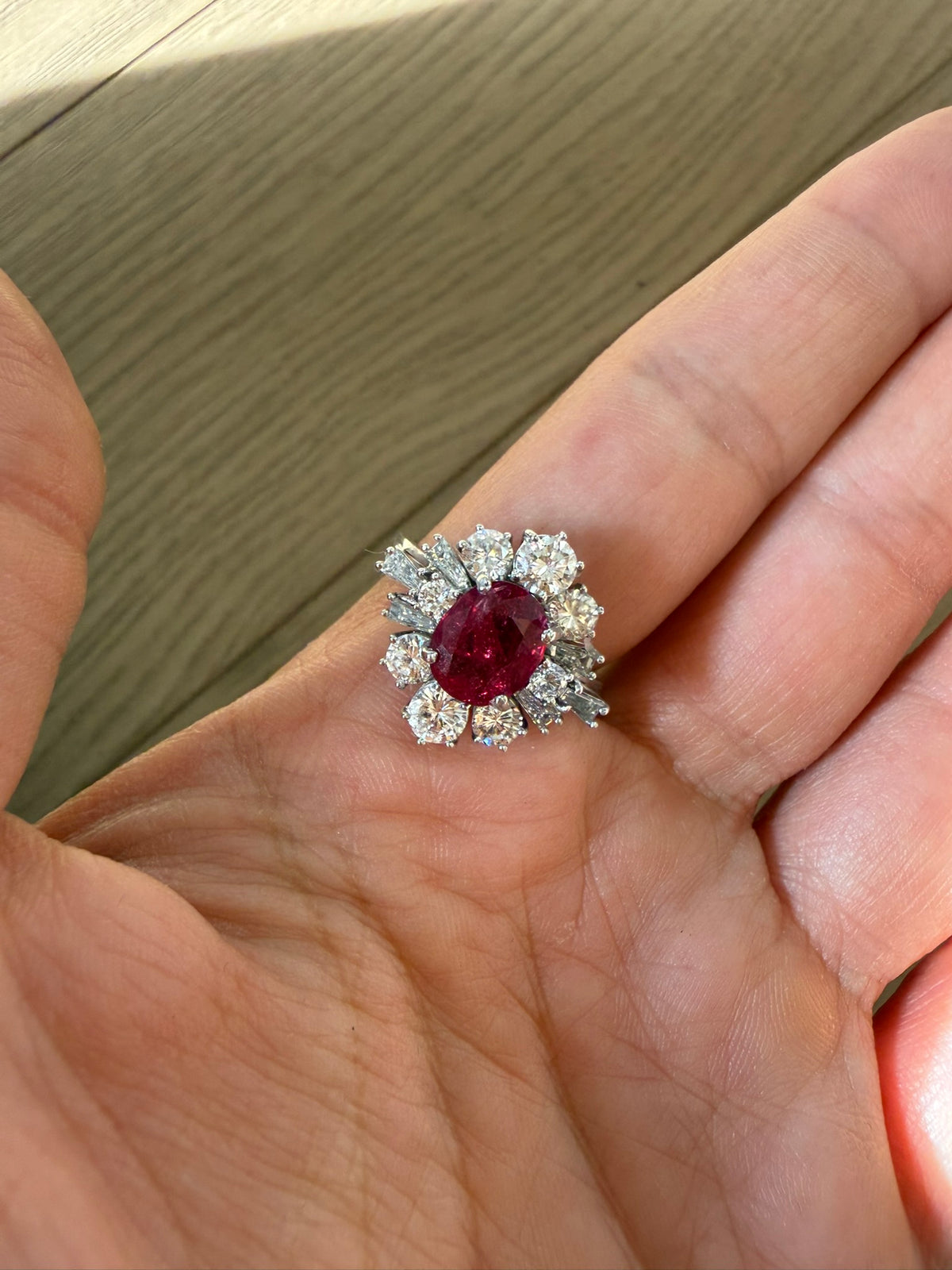 Vintage 2.84ct Ruby & 1.15ct Diamond Cluster Ring 18ct White Gold