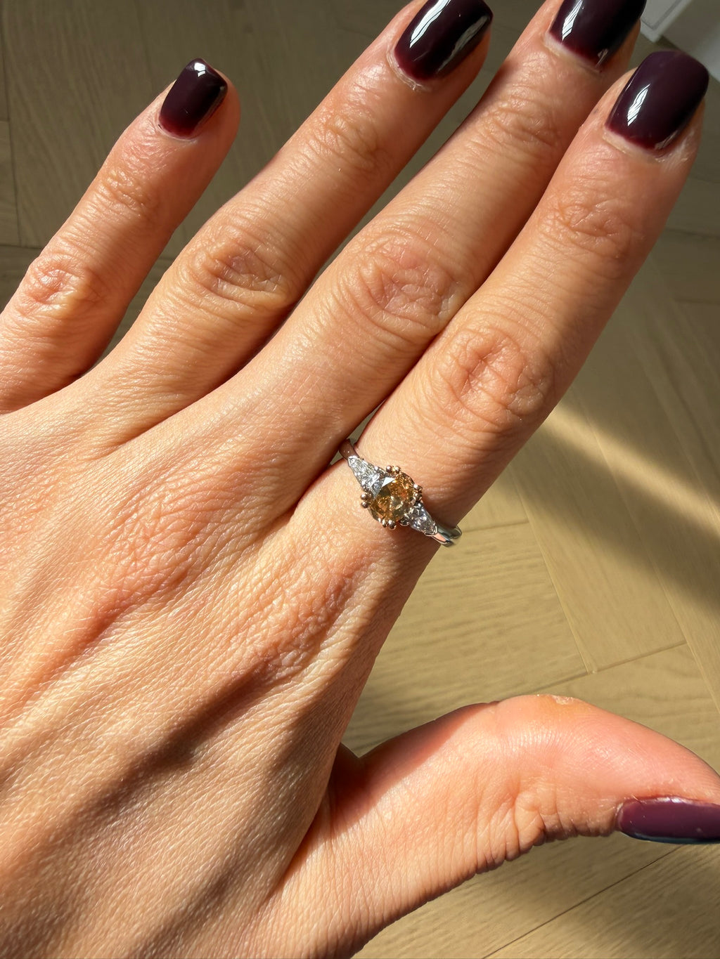 Vintage Fancy Vivid Orangey Brown Diamond Three Stone Ring
