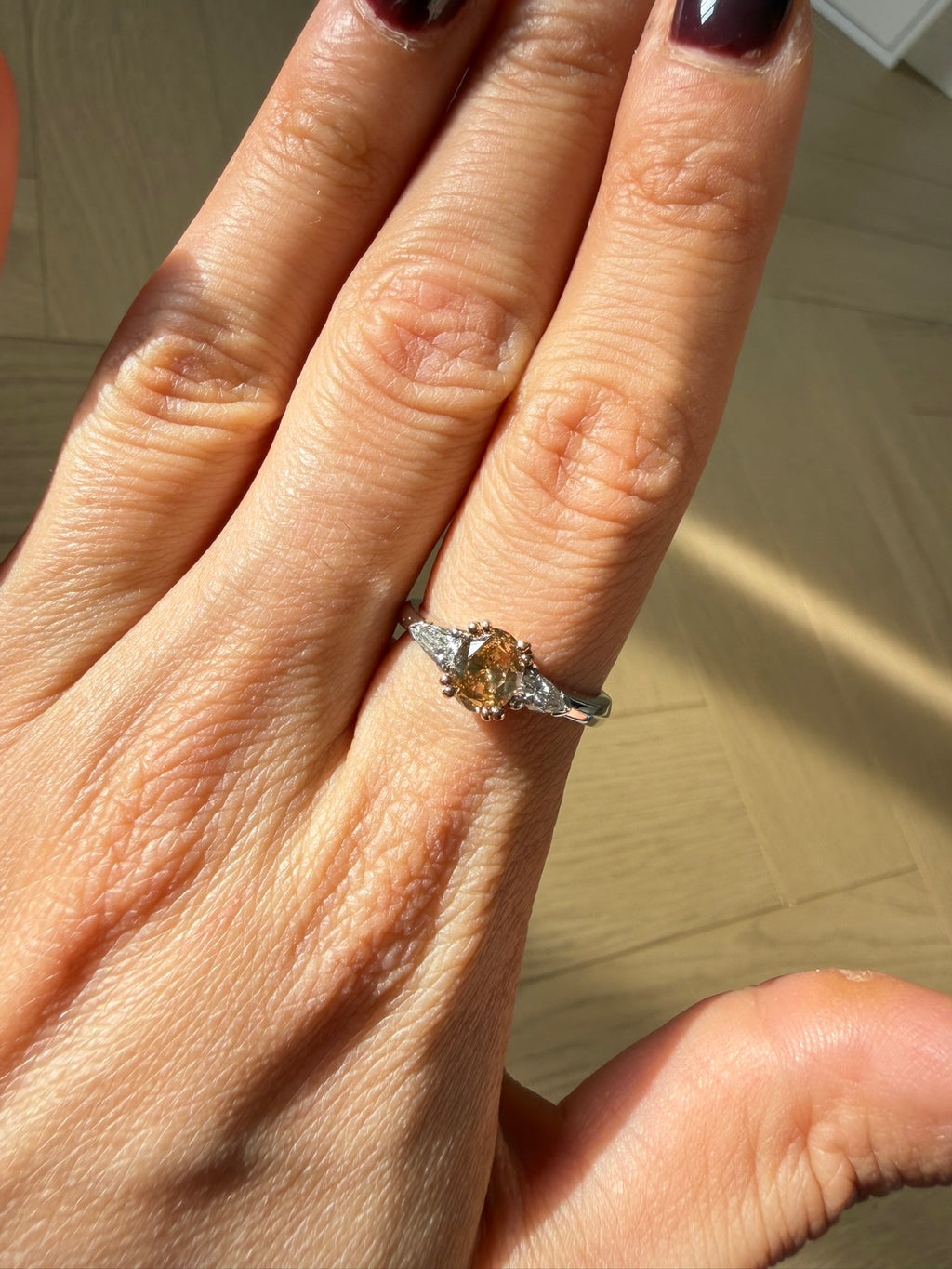 Vintage Fancy Vivid Orangey Brown Diamond Three Stone Ring