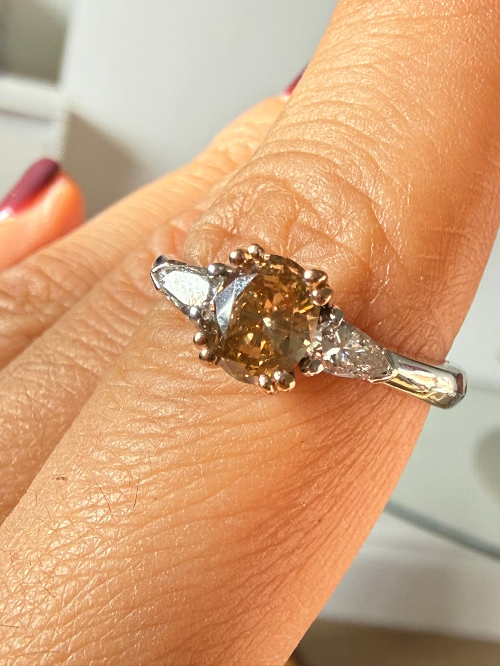Vintage Fancy Vivid Orangey Brown Diamond Three Stone Ring