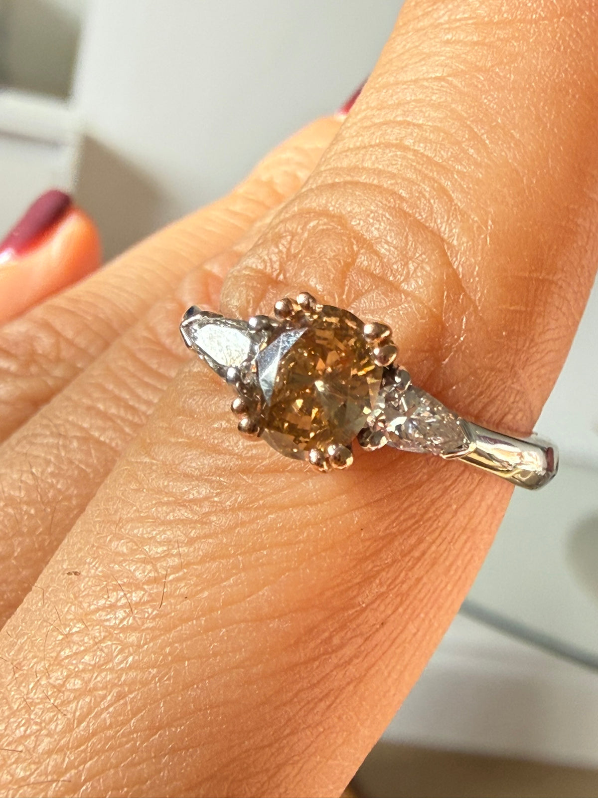 Vintage Fancy Vivid Orangey Brown Diamond Three Stone Ring