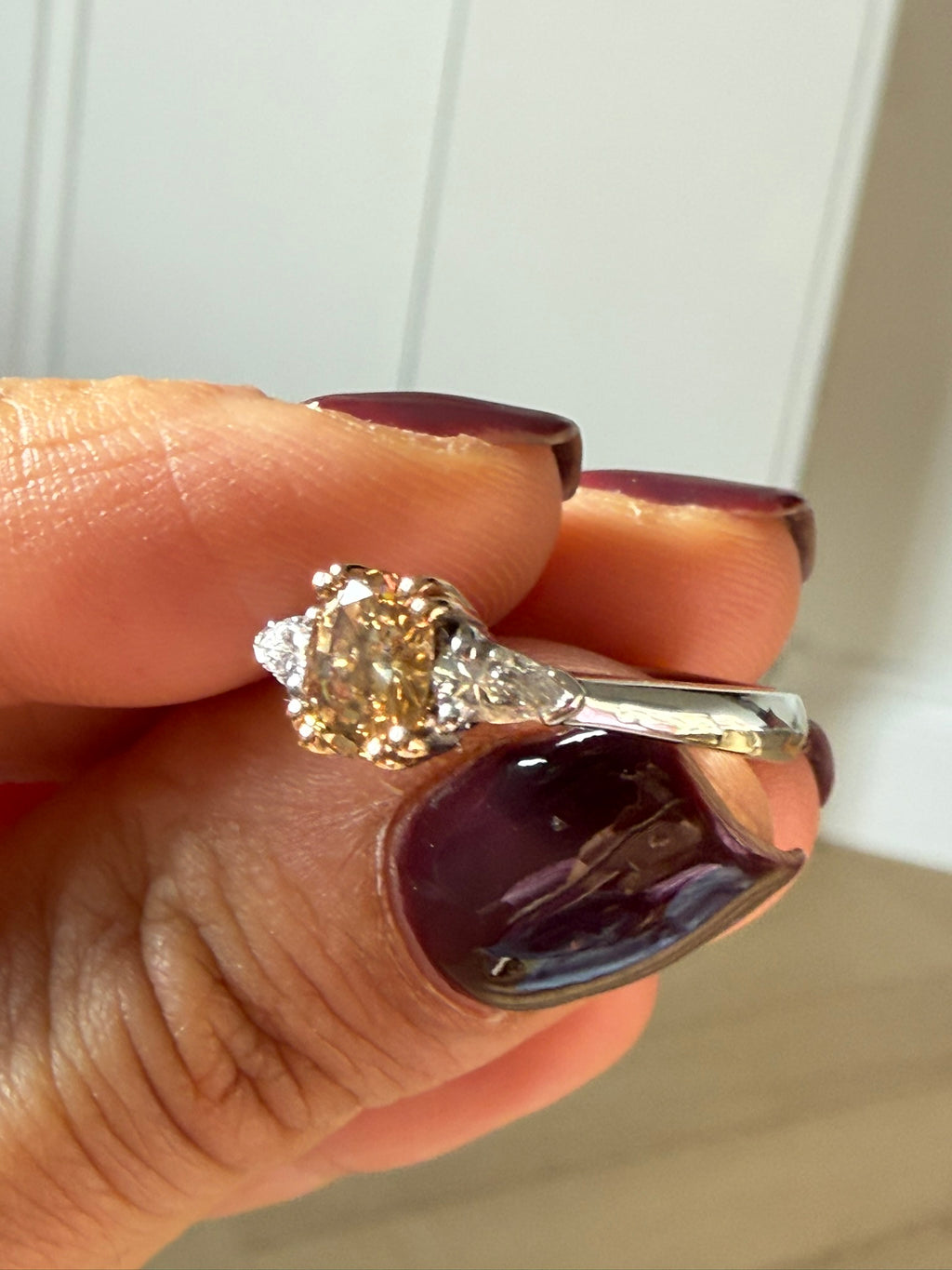 Vintage Fancy Vivid Orangey Brown Diamond Three Stone Ring