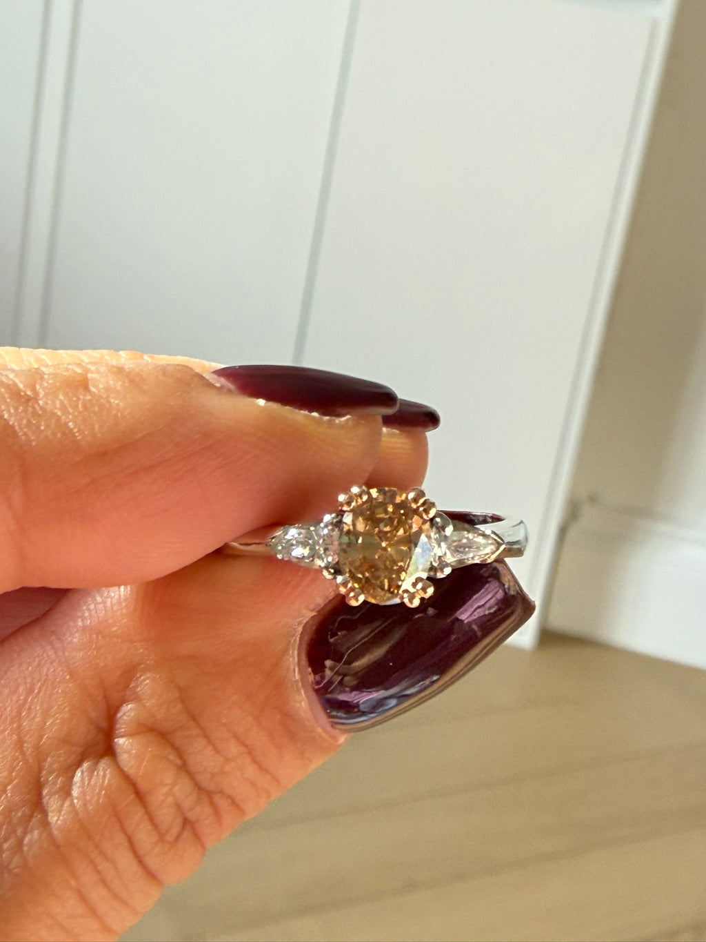Vintage Fancy Vivid Orangey Brown Diamond Three Stone Ring