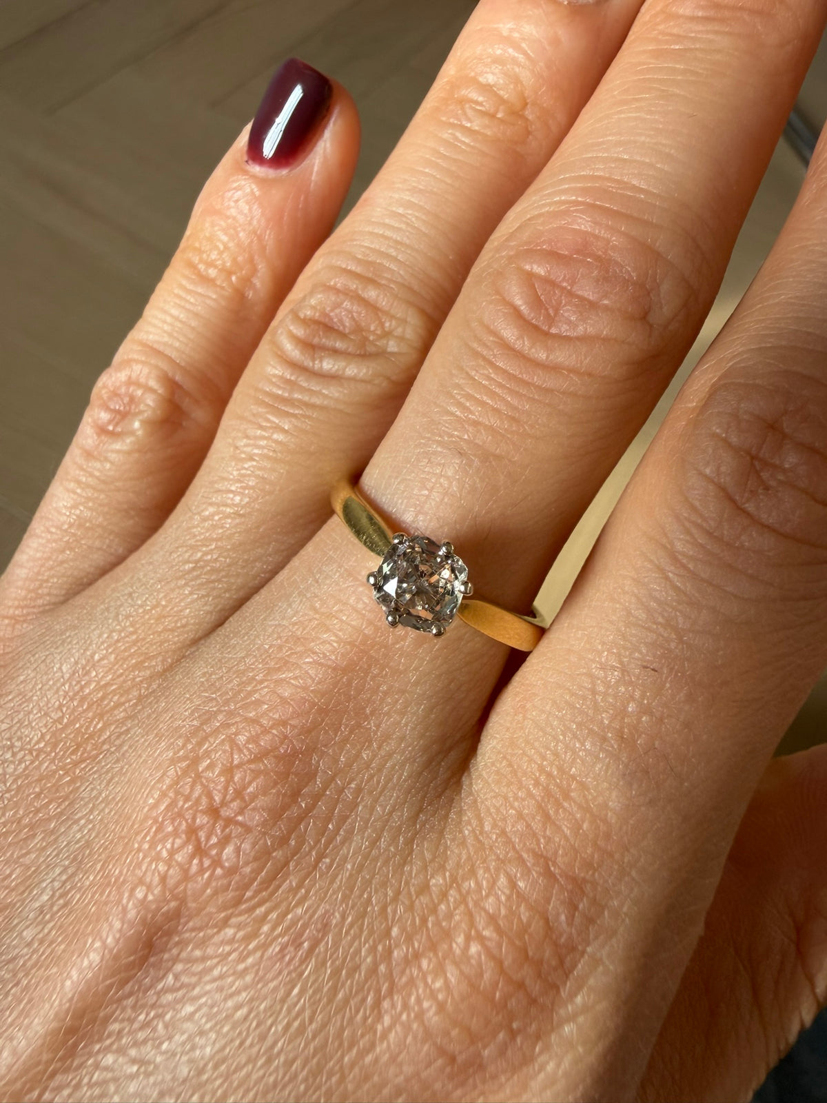 0.70ct Old Mine Cut Diamond Solitaire Ring – Antique Cut Diamond Engagement Ring in 18K Yellow Gold Size Q