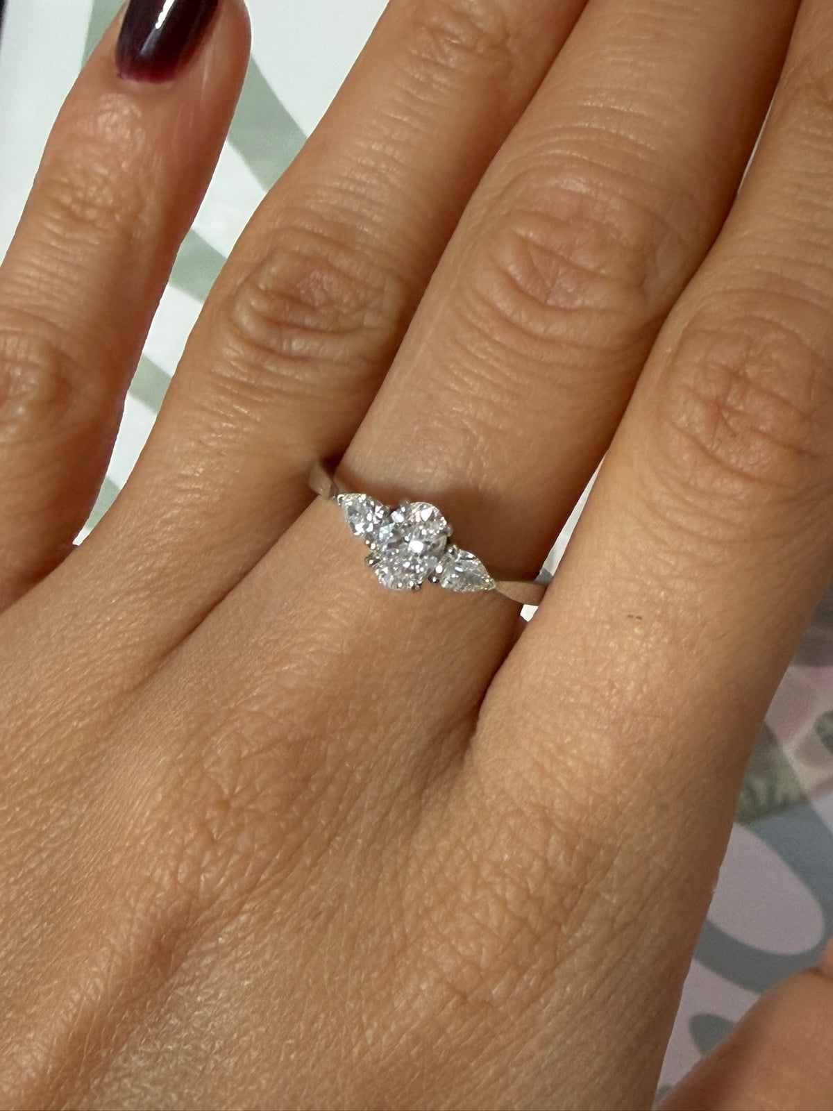 Oval Diamond & Pear Trilogy Ring in Platinum – 0.95ct Total Diamond Weight